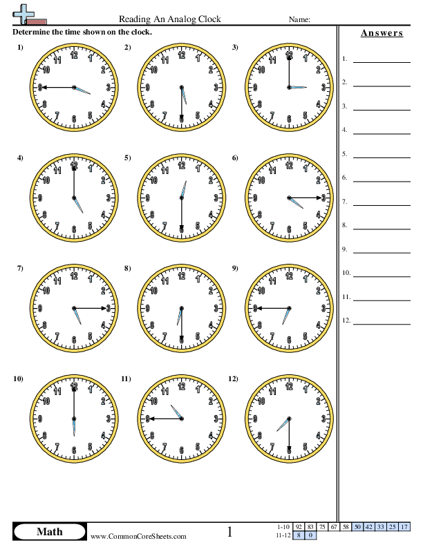 Time Worksheets - Reading An Analog Clock (15 minute increments) worksheet